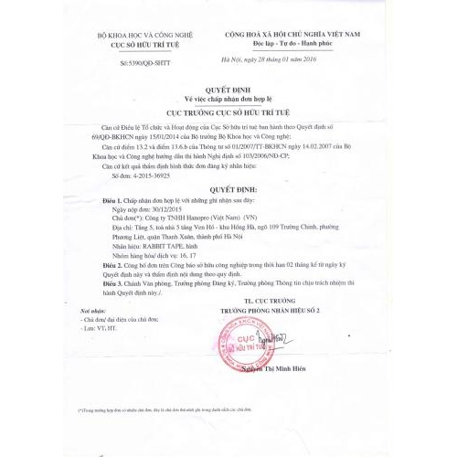 Nhãn hiệu Rabbit Tape của Hanopro được cấp chứng chỉ Sở hữu trí tuệ