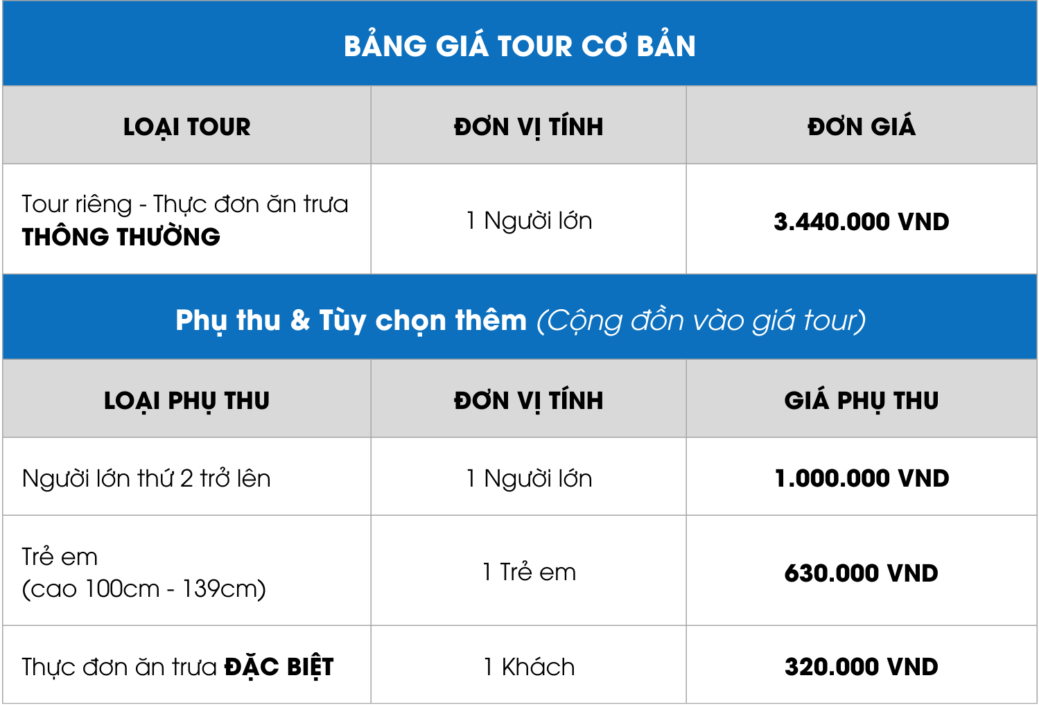 Bảng giá Tour riêng