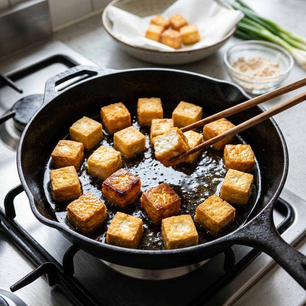 Mẹo Chiên Đậu Phụ Vàng Giòn Không Bị Dính Chảo