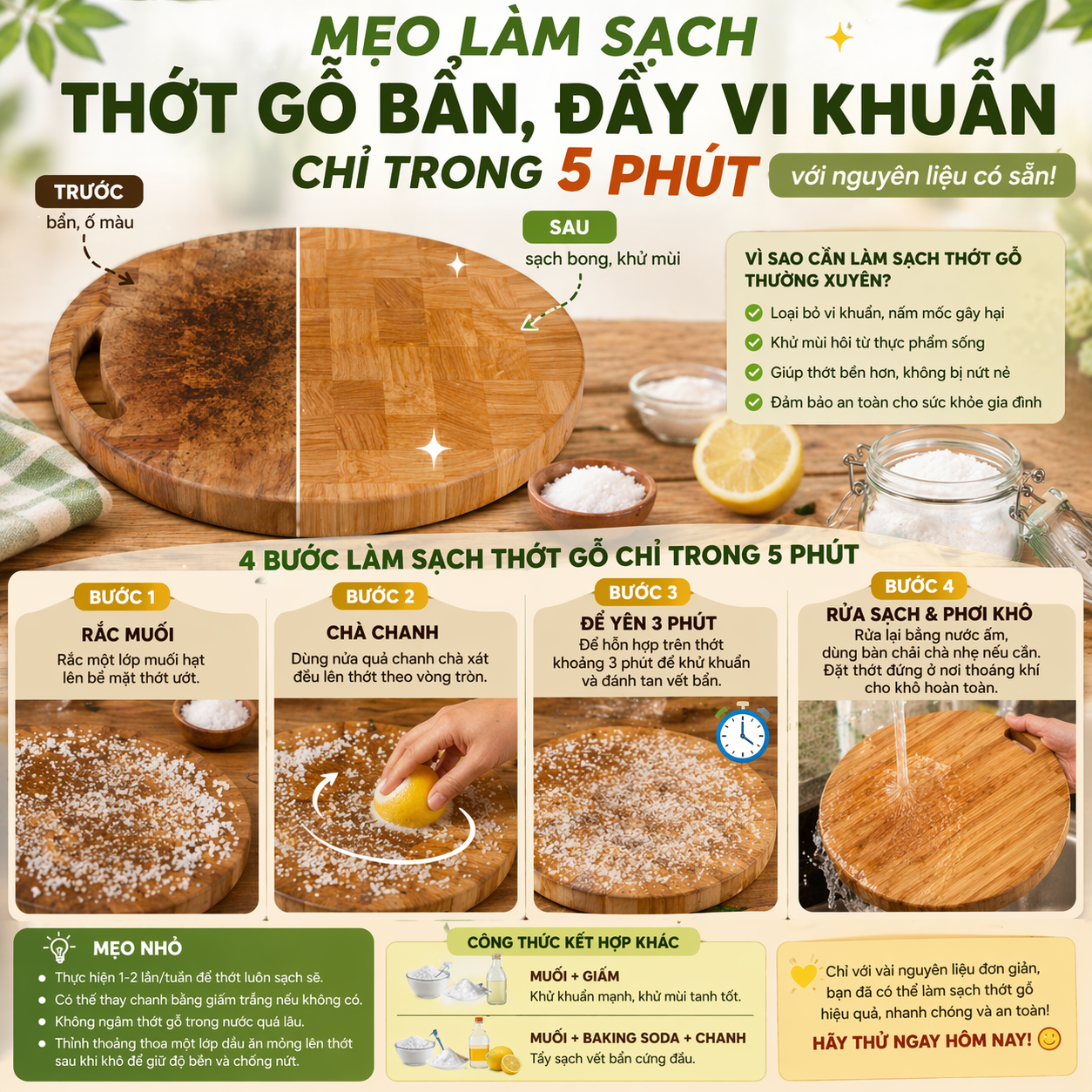 Mẹo Làm Sạch Thớt Gỗ Bẩn, Đầy Vi Khuẩn Chỉ Trong 5 Phút Với Nguyên Liệu Có Sẵn