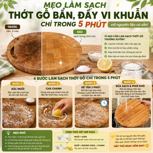 Mẹo Làm Sạch Thớt Gỗ Bẩn, Đầy Vi Khuẩn Chỉ Trong 5 Phút Với Nguyên Liệu Có Sẵn