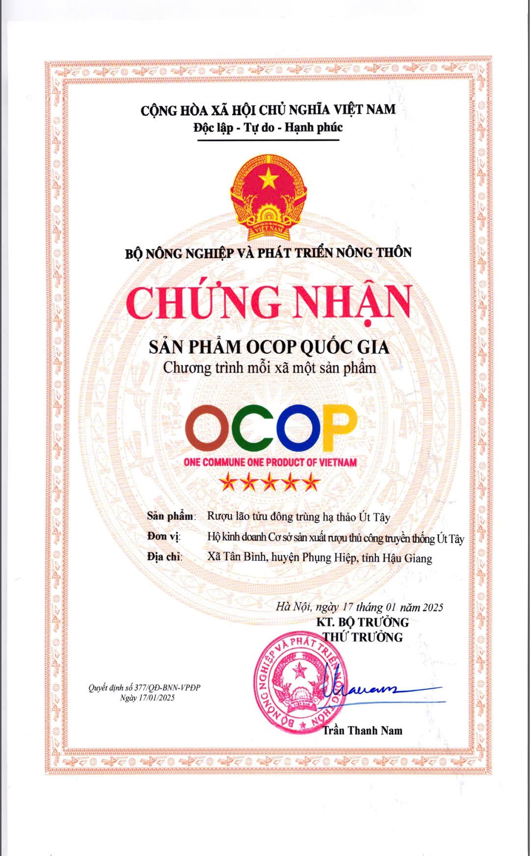 Chứng nhận sản phẩm OCOP 5 sao cấp Quốc gia
