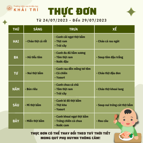 Thực Đơn Tuần - Mỗi Ngày Bé Ăn Gì Tại Khải Trí