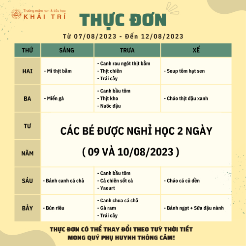 Thực Đơn Tuần Mới - Mỗi Ngày Bé Ăn Gì Tại Khải Trí