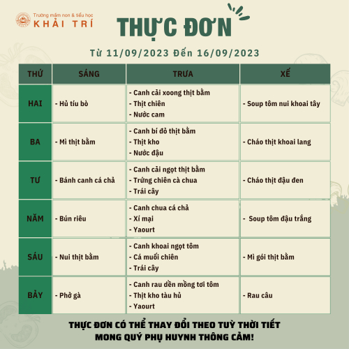 Thực Đơn Tuần Mới - Mỗi Ngày Bé Ăn Gì Tại Khải Trí