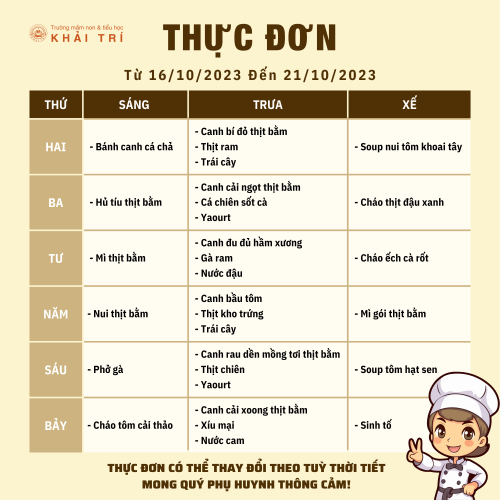 Thực Đơn Tuần Mới (Từ 16/10 Đến 21/10)