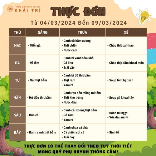 Thực Đơn Tuần Mới (Từ 04/03/2024 - 09/03/2024)