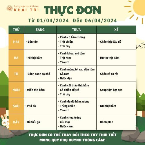 Thực Đơn Tuần Mới (Từ 01/04/2024 - 06/04/2024)