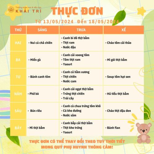 Thực Đơn Tuần Mới (Từ 13/05/2024 - 18/05/2024)