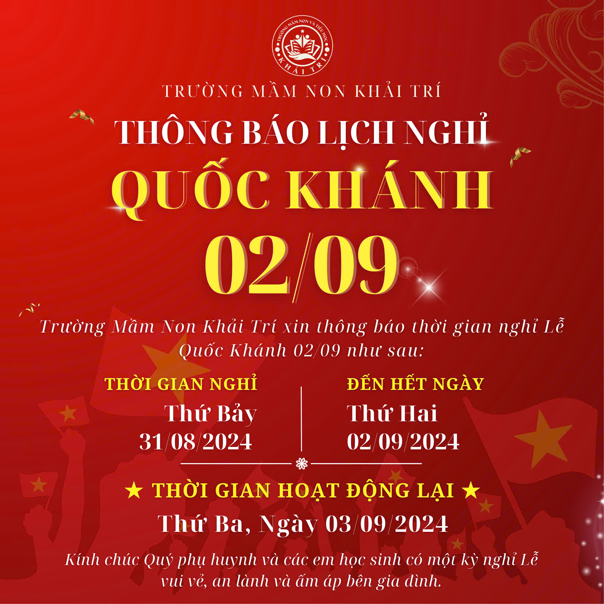 Thông Báo Nghỉ Lễ Quốc Khánh 02/09/2024