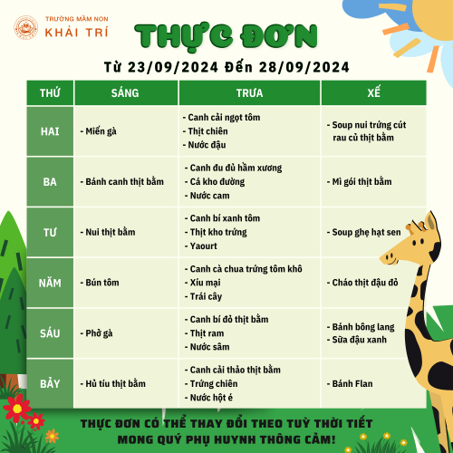 Thực Đơn Tuần Mới (Từ 23/09/2024 - 28/09/2024)