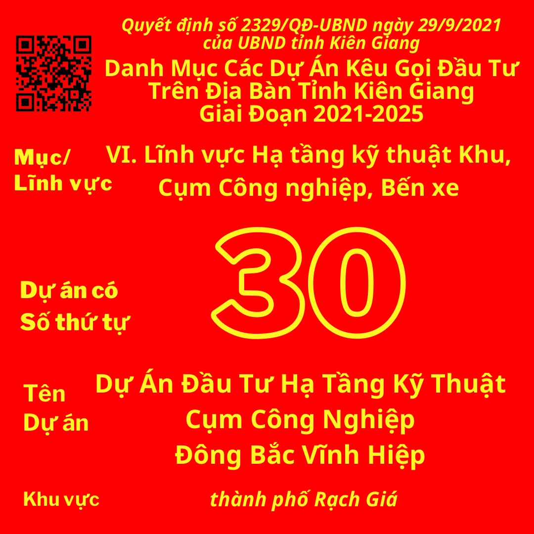 Dự Án Có Số TT 30: Dự Án Đầu Tư Hạ Tầng Kỹ Thuật Cụm Công Nghiệp Đông Bắc Vĩnh Hiệp