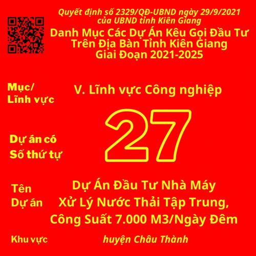 Dự Án Có Số TT 27: Dự Án Đầu Tư Nhà Máy Xử Lý Nước Thải Tập Trung, Công Suất 7.000 M3/Ngày Đêm