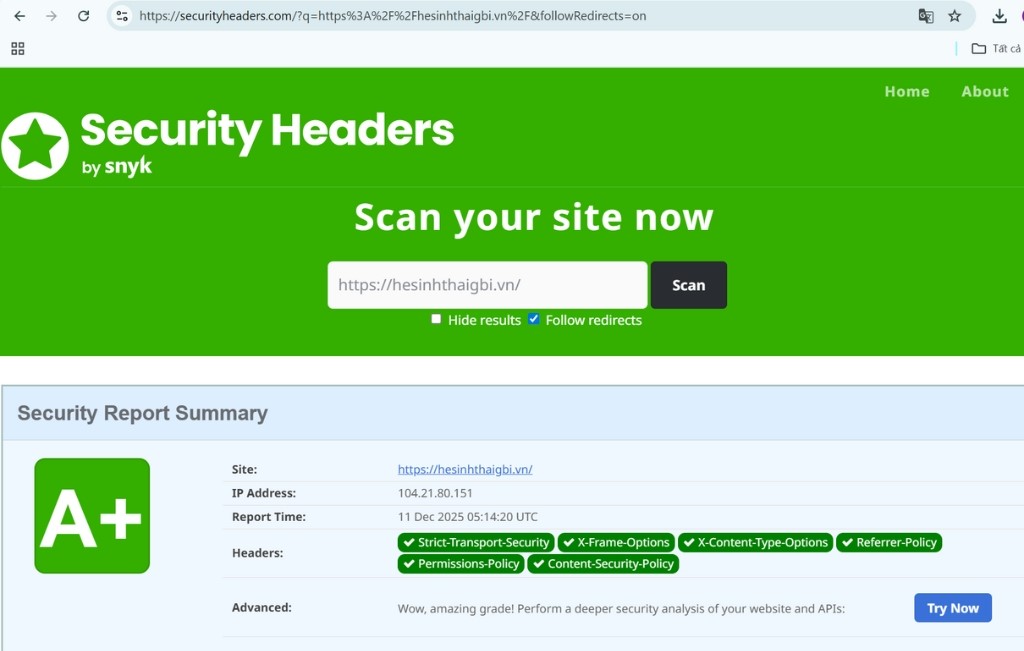 b) Tiêu chuẩn A+ Securityheaders.com
